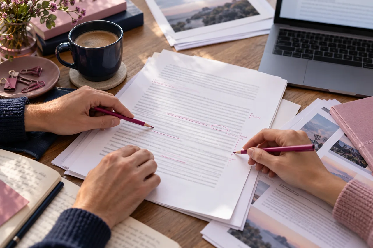 Conceptual editorial workspace showing a page draft and review materials