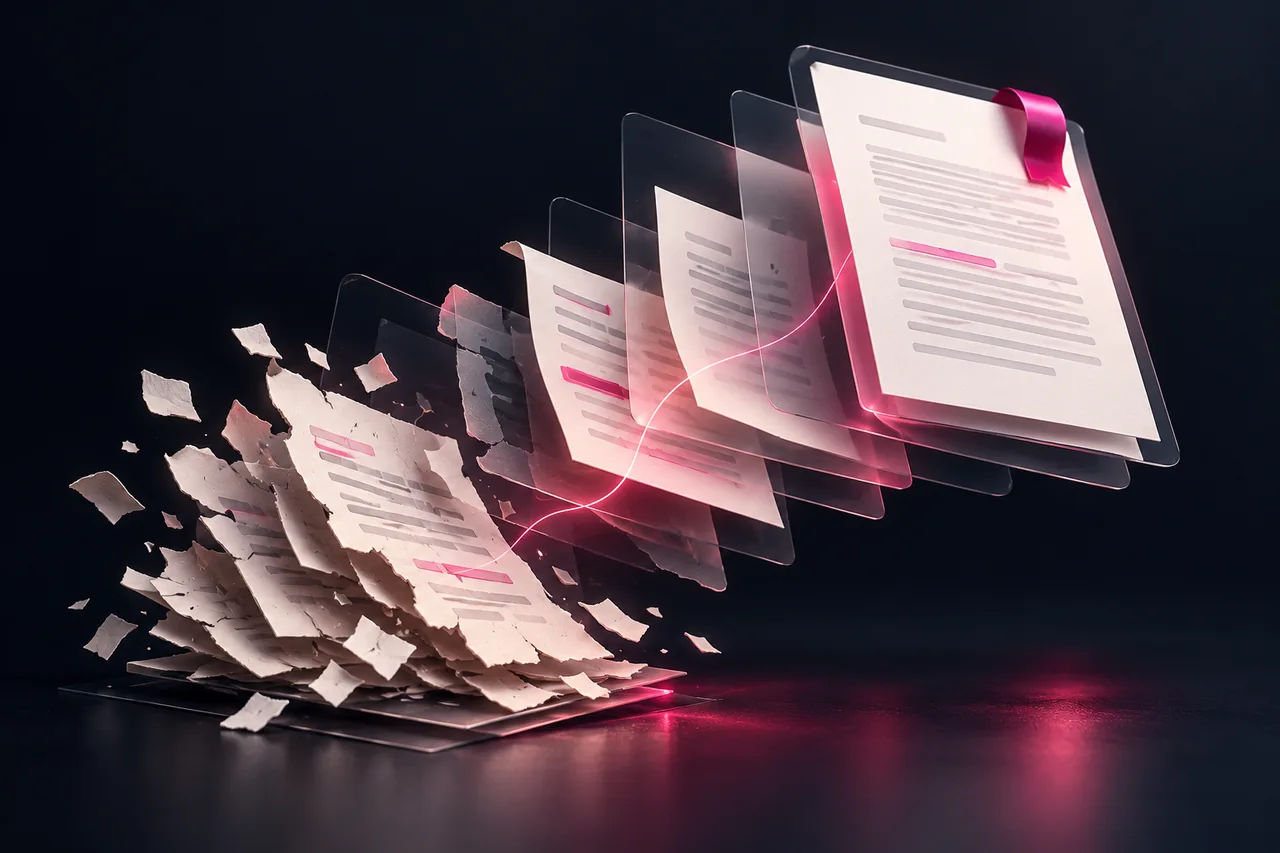 Editorial illustration of existing content being reviewed and refined