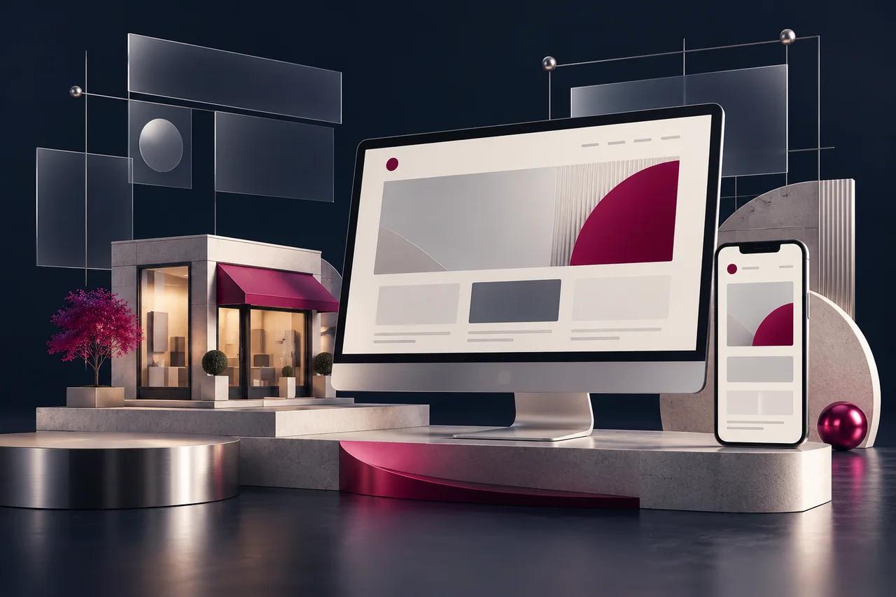 Conceptual website design studio with desktop and phone layouts beside a small storefront model.