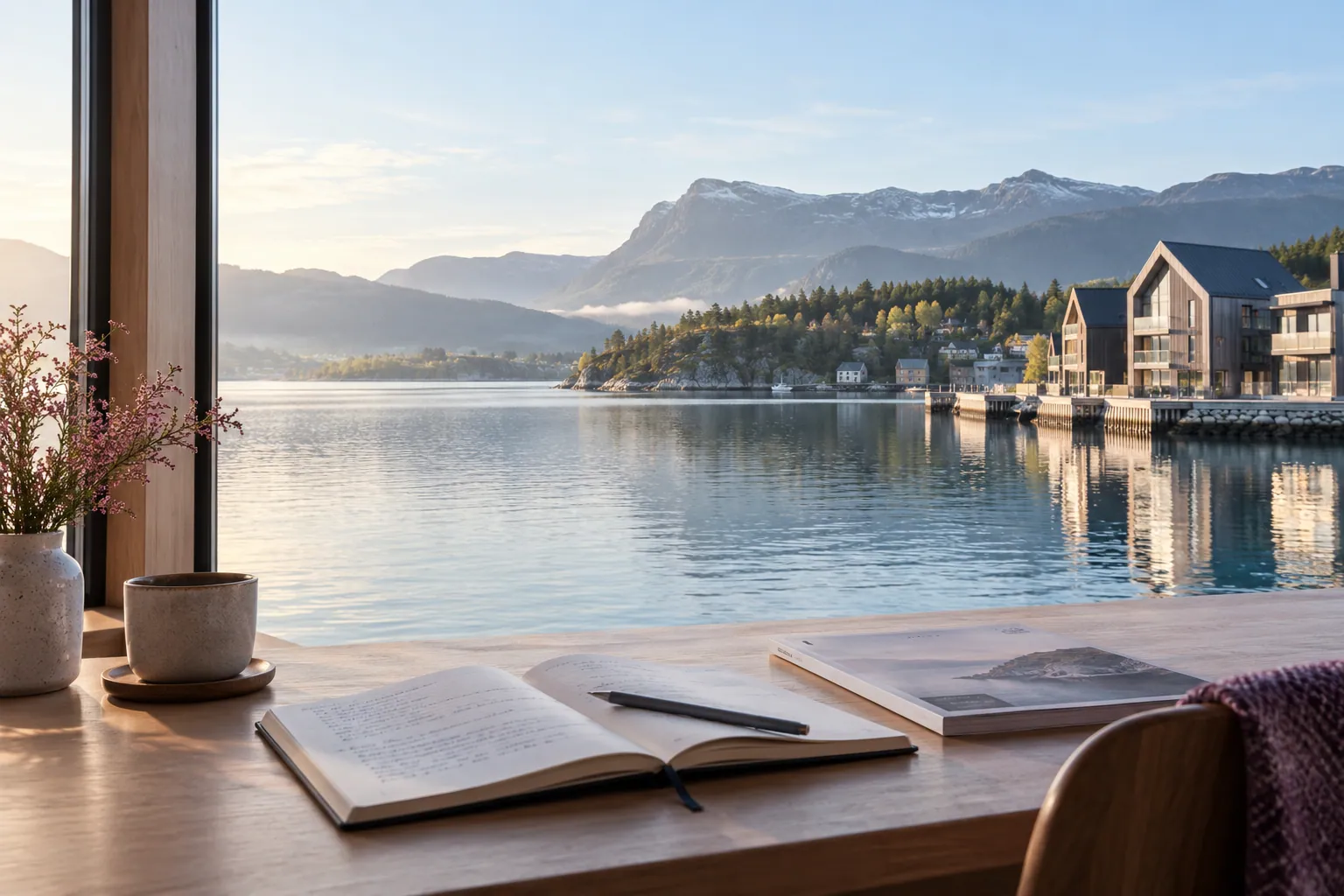 Illustrative Nordic waterfront and an editorial planning notebook