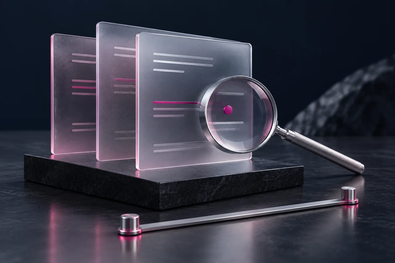 Conceptual optical lens examining layered certificate plates and an unlabelled date rail.