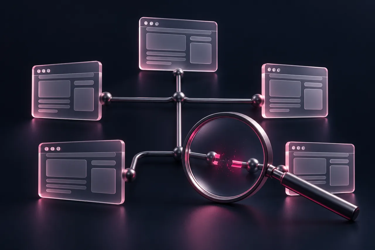 A magnifying lens reveals a broken connection between linked web pages