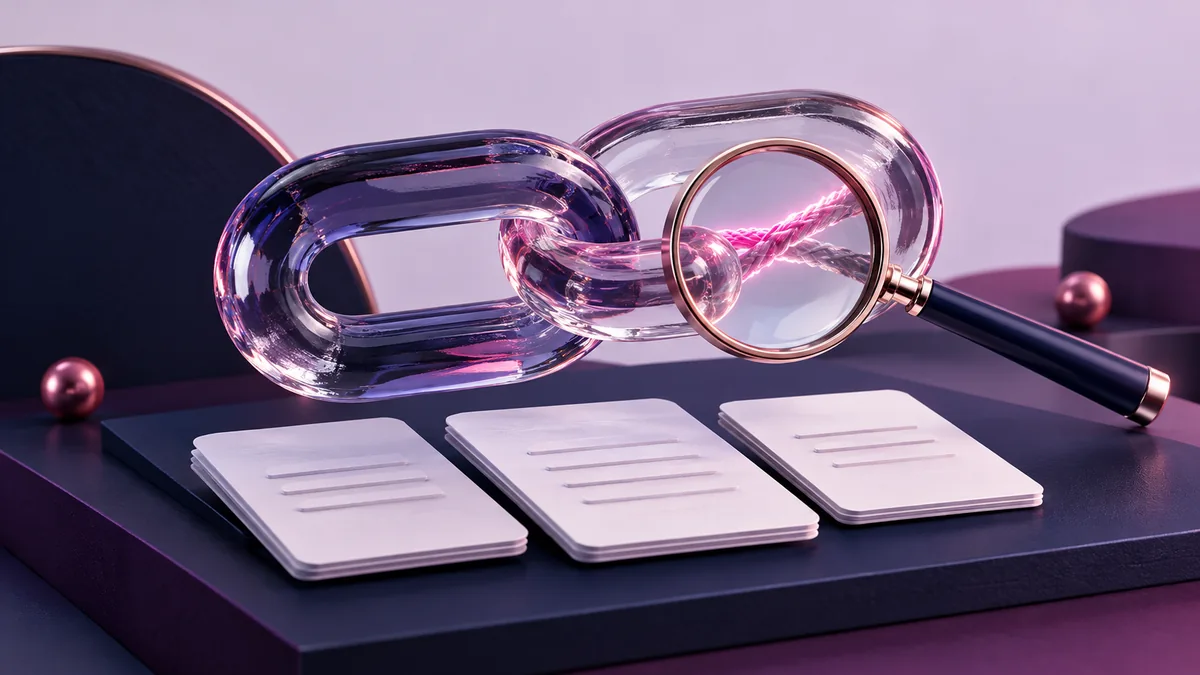 Conceptual illustration of glass links and a magnifying lens inspecting source evidence