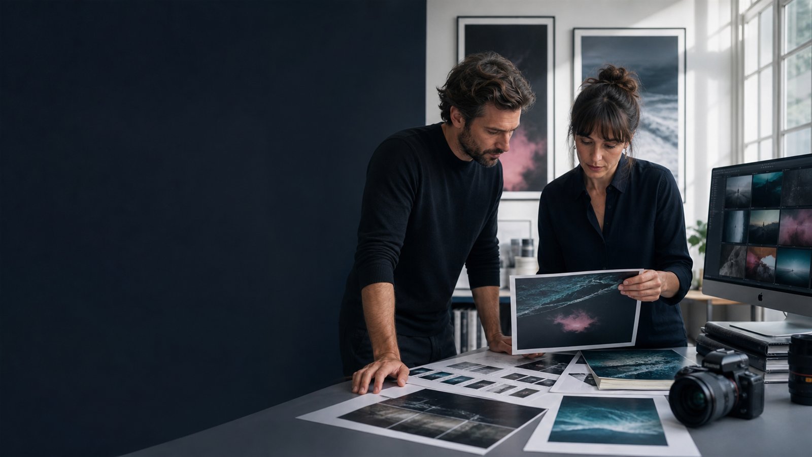 Photographer and art director reviewing a visual portfolio for a creative publisher campaign