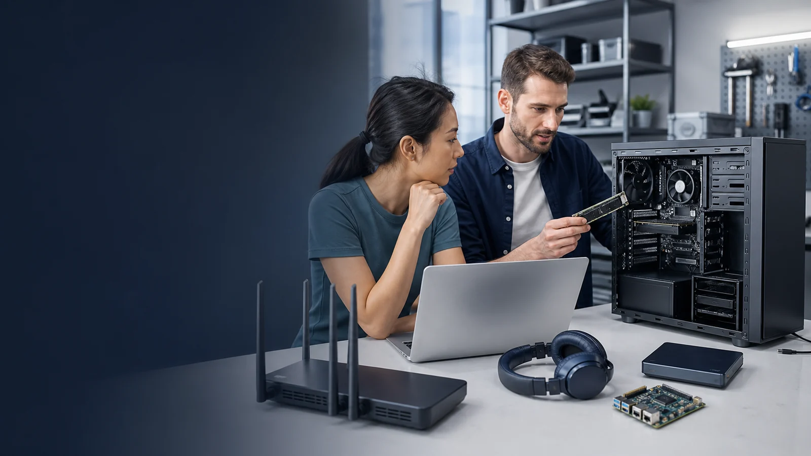 Technology specialists reviewing computer hardware and consumer electronics