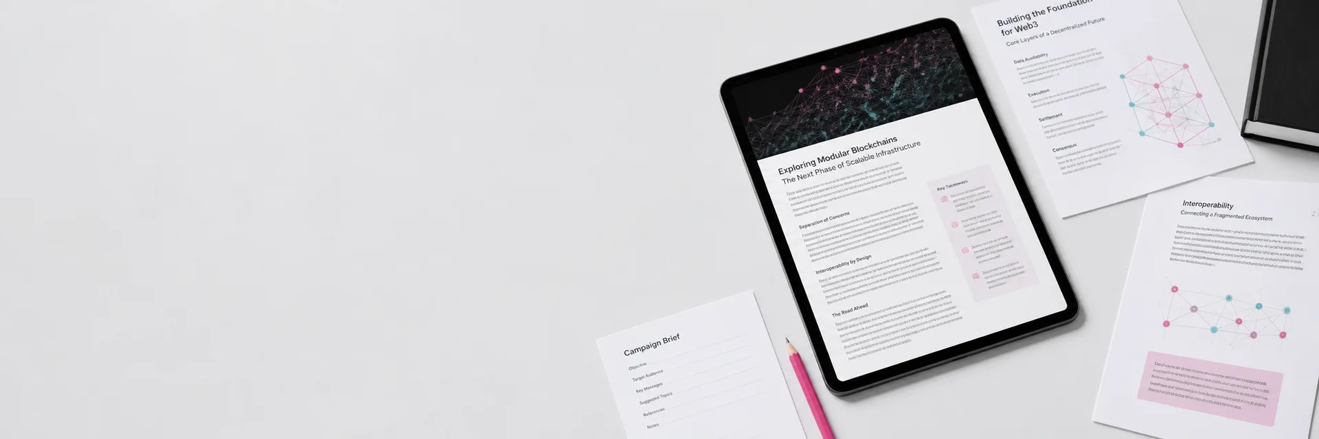 Blockchain and Web3 editorial articles beside a publisher campaign brief