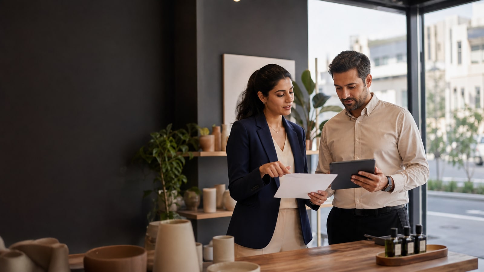 Dubai business owner reviewing local listing information with a marketing consultant