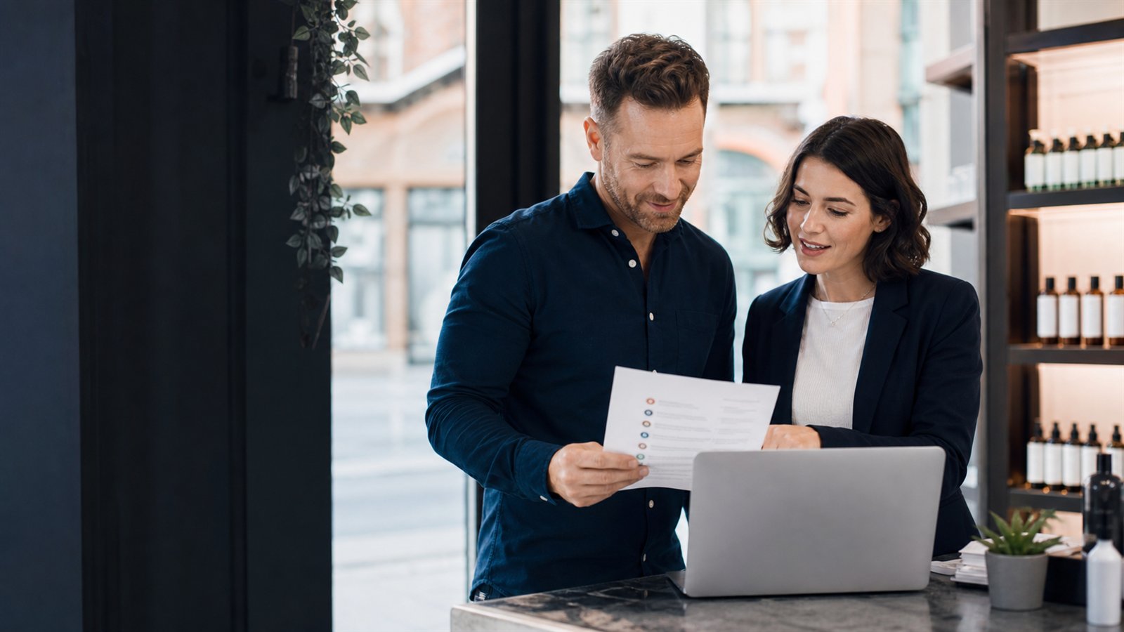 UK business owner reviewing local listing information with a marketing specialist