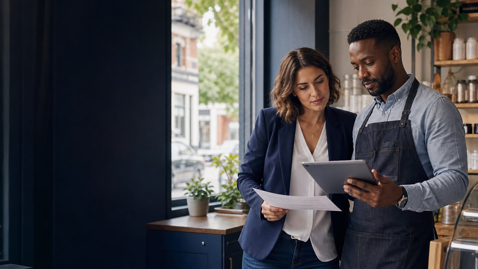 US business owner reviewing local listing information with a marketing specialist