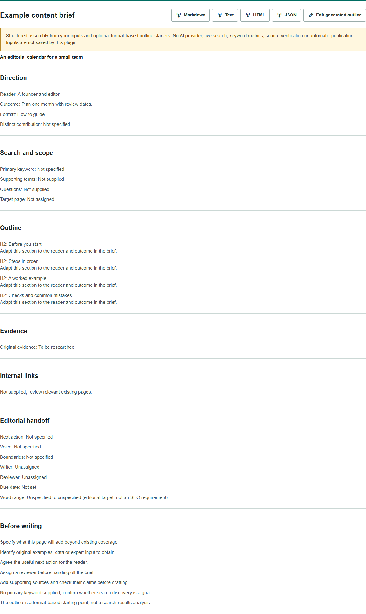 Illustrative content brief with audience, writing objective, outline and editorial handoff