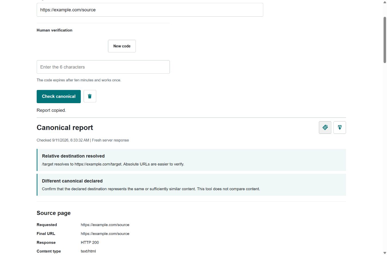 Canonical Tag Checker example showing a source page, its declared destination and response evidence