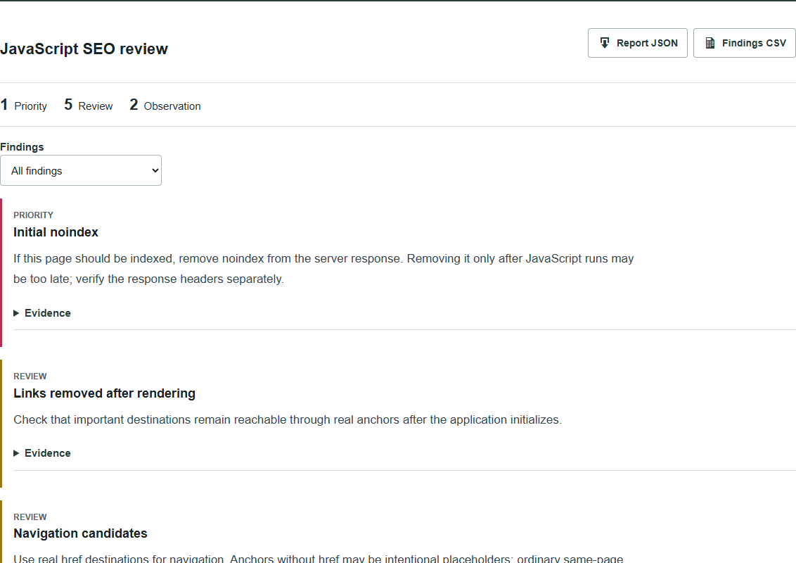 Illustrative JavaScript SEO report with initial noindex, navigation and recorded resource findings