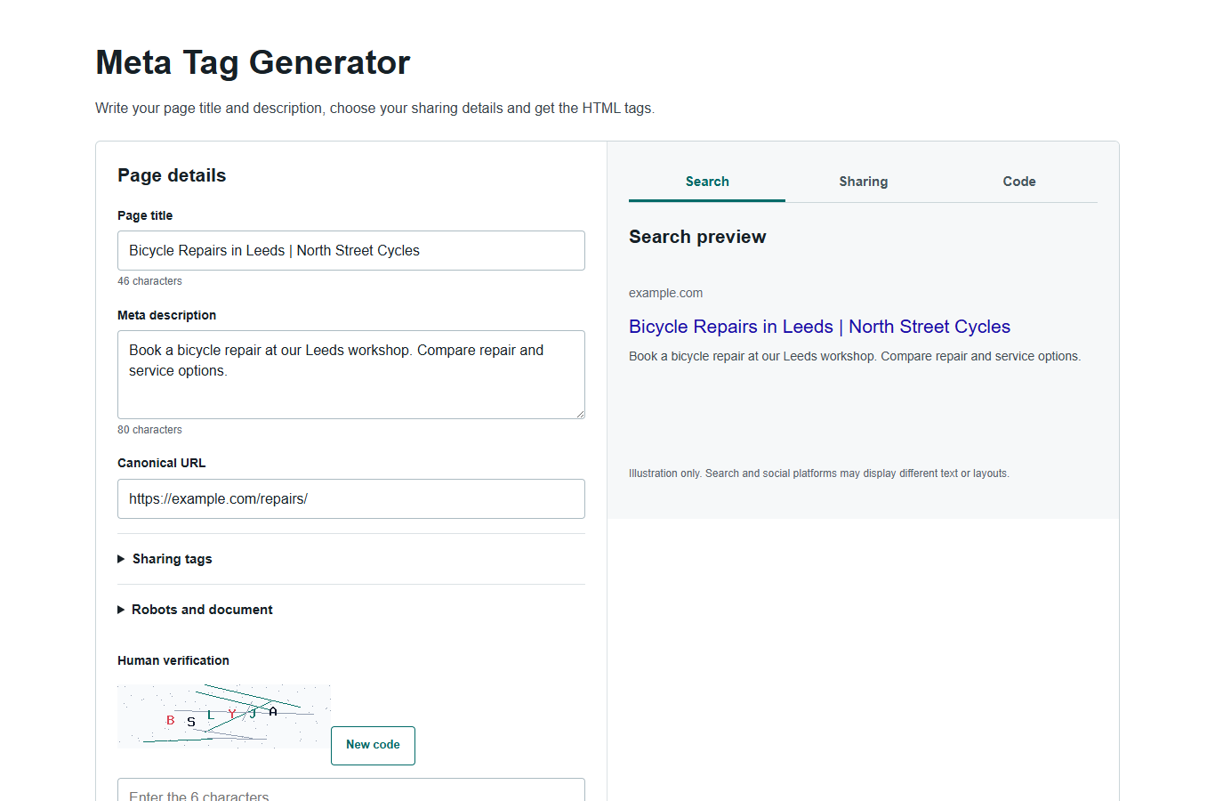 Meta Tag Generator example with a bicycle repair title, description and illustrative search preview