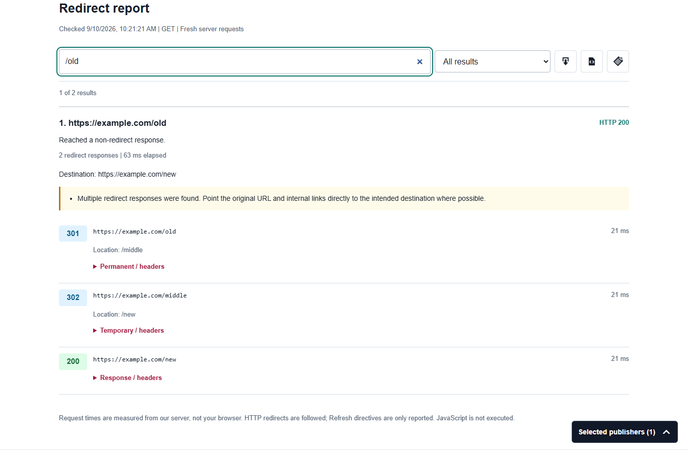 Redirect Checker example showing each HTTP hop and the destination response