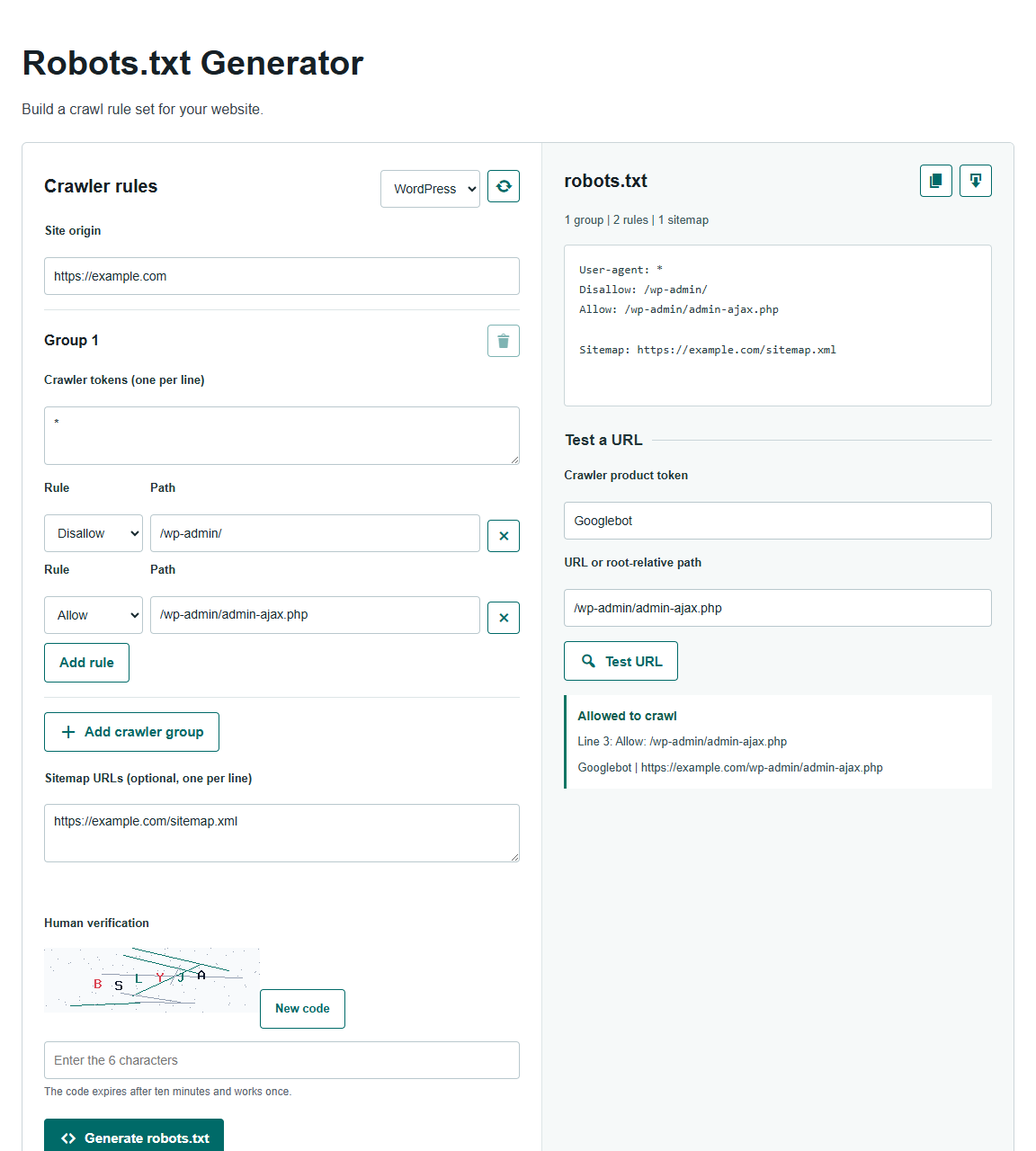 Robots.txt Generator showing WordPress crawl rules and a matching allowed admin-ajax.php URL