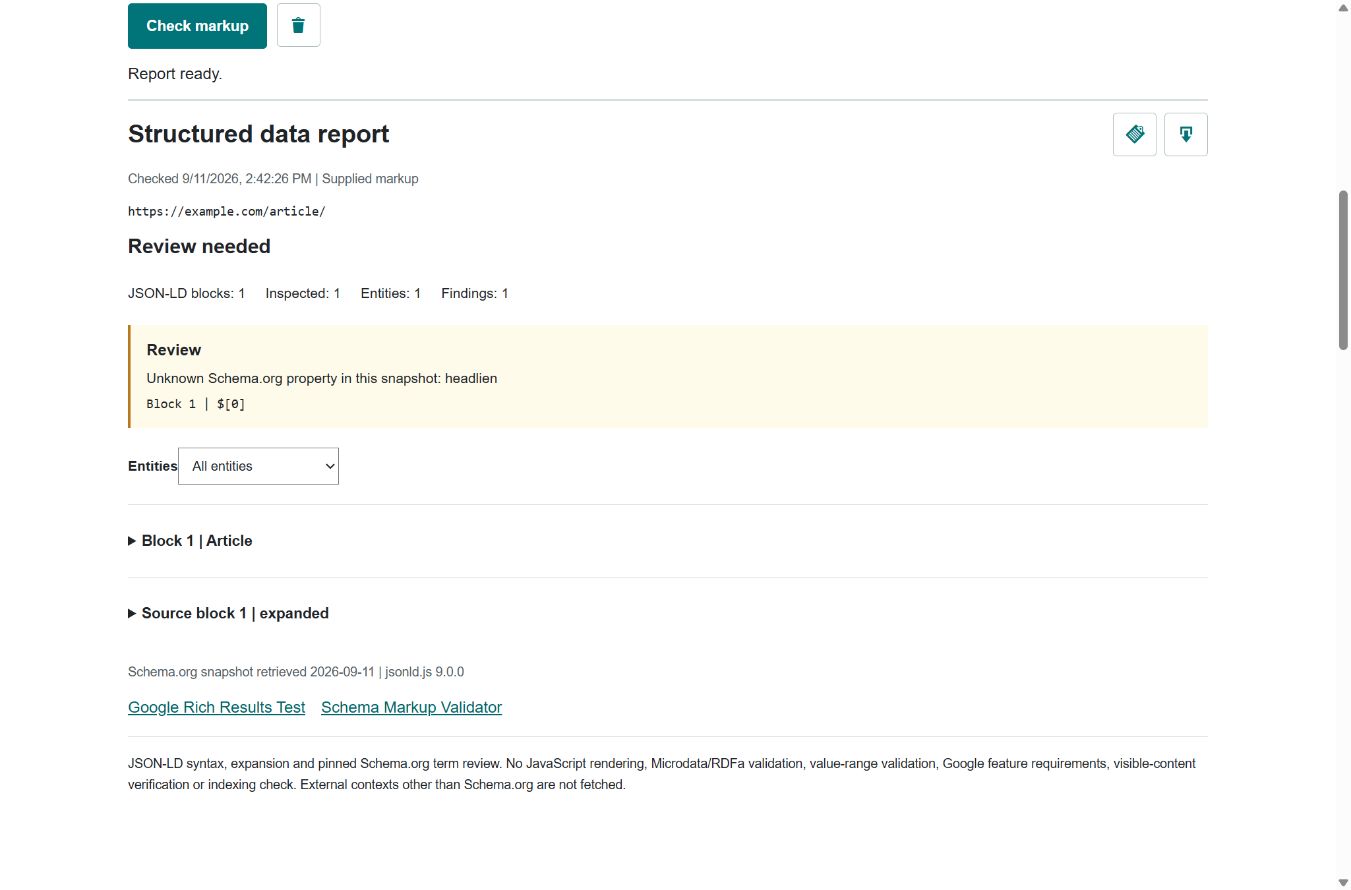 Structured Data Checker example identifying a misspelled headline property