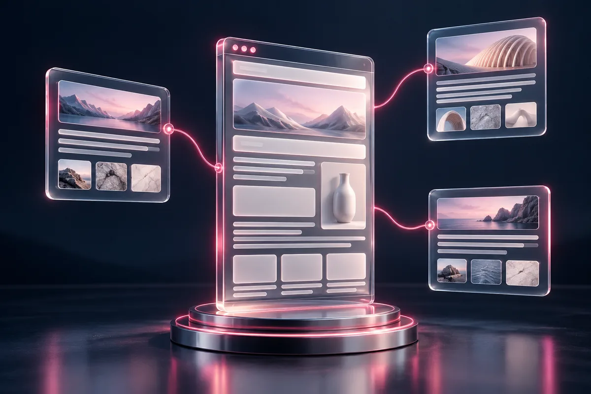 Conceptual illustration of a website source document connected to answer panels and reference tiles
