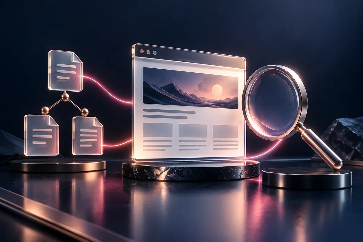 Conceptual glass search window, magnifying lens and connected website documents