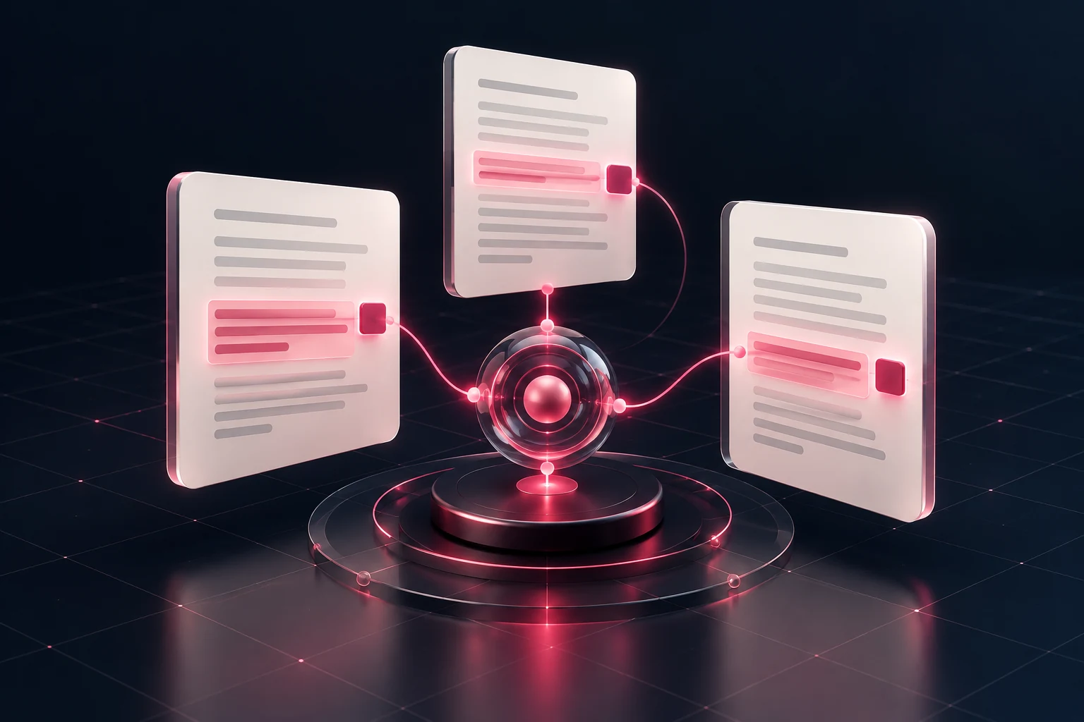 Conceptual three-dimensional captured-answer panels linked through a pink citation node.