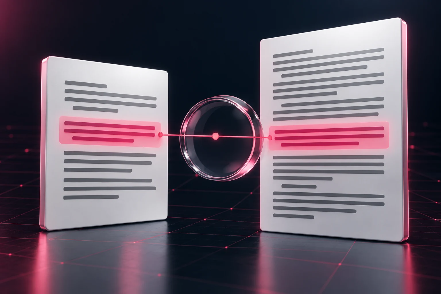 Conceptual highlighted answer and source documents under a smoked-glass magnifier, representing comparison of supplied quoted wording.