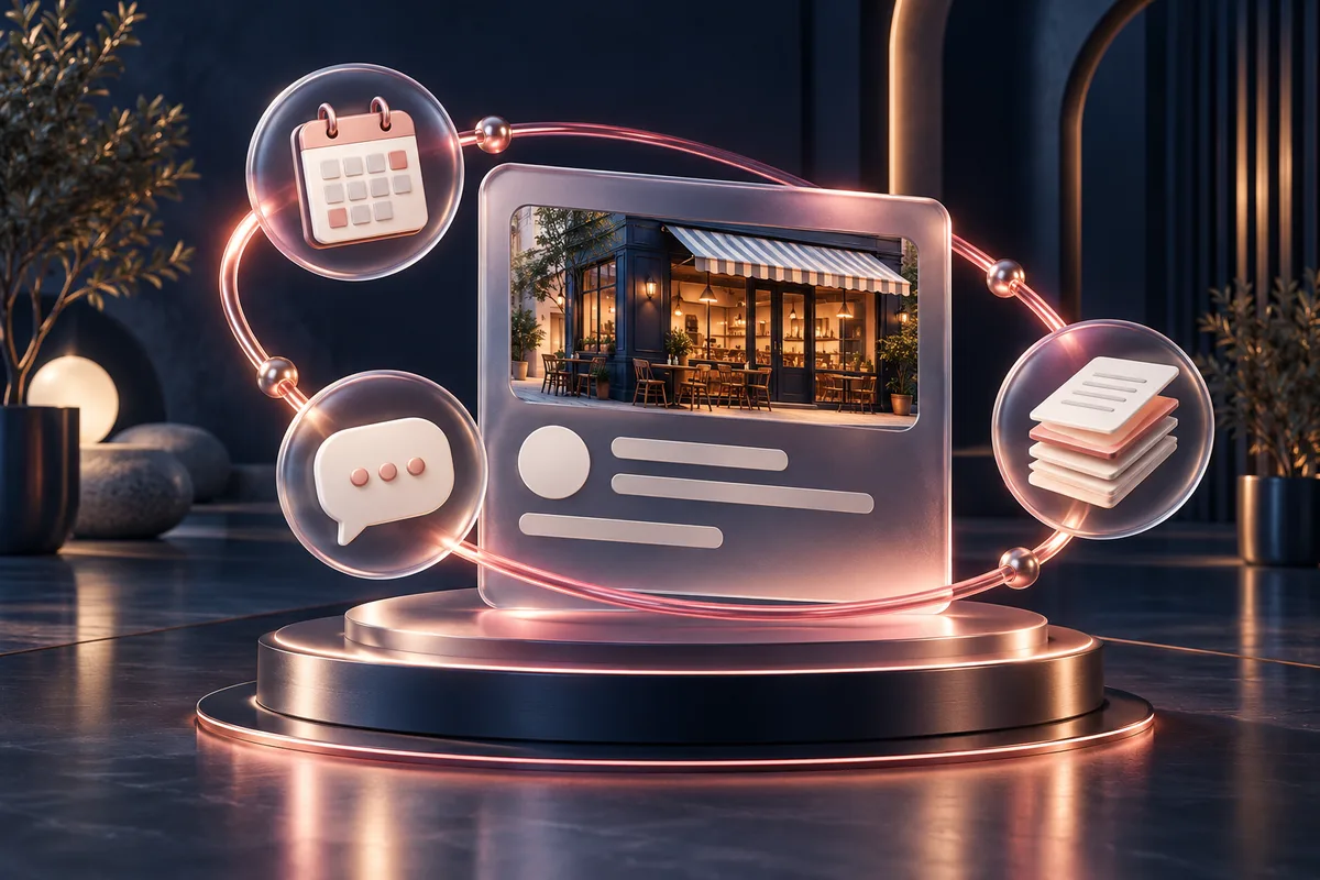 Conceptual business profile surrounded by a calendar, conversation tile and documents in a rose-lit orbit