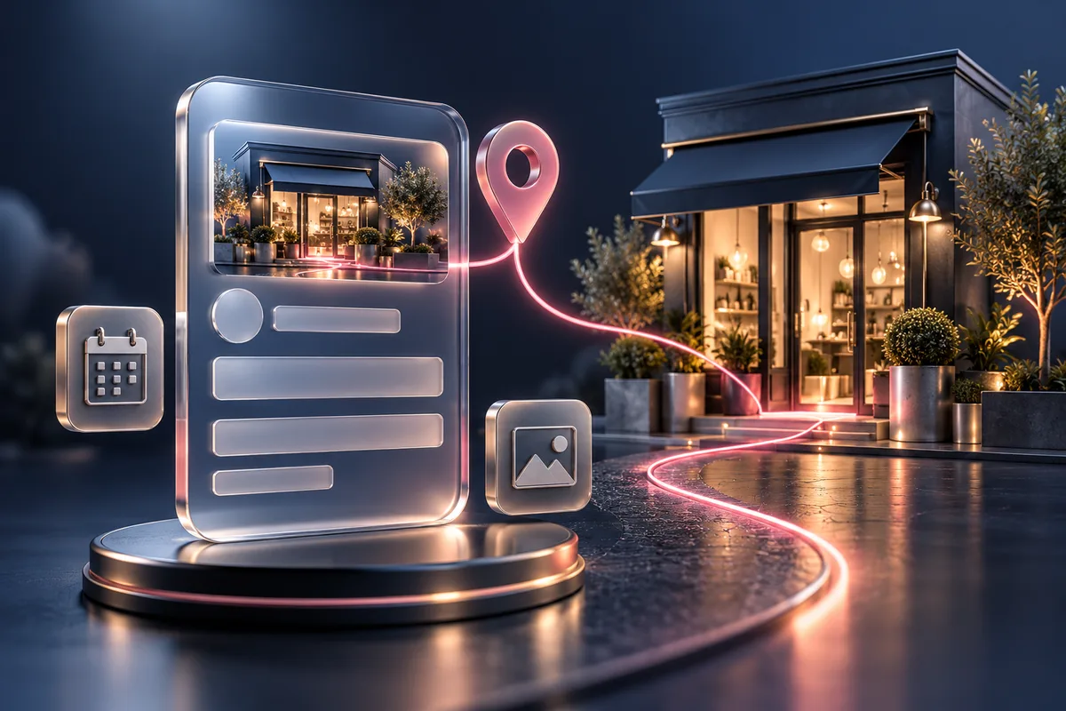 Conceptual glass business profile, local storefront and location pin with calendar and image tiles