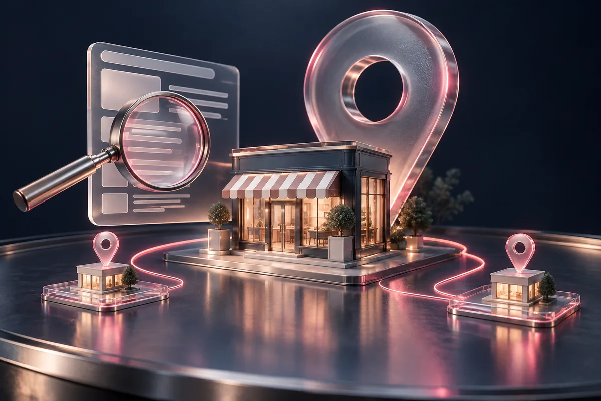 Conceptual local storefront, location pin and website document viewed through a magnifying lens