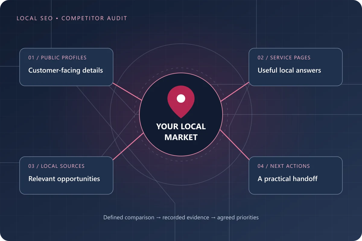 Conceptual diagram connecting local business profiles, service pages and referring sources to a competitor audit action plan