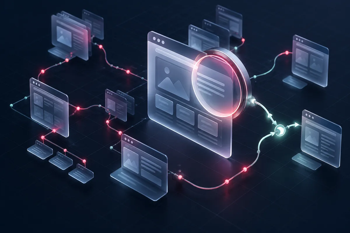 Conceptual illustration of connected website pages examined through a glowing inspection lens
