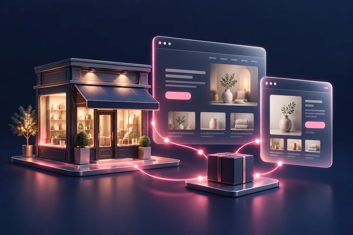 Conceptual illustration connecting a small storefront with its website and product pages