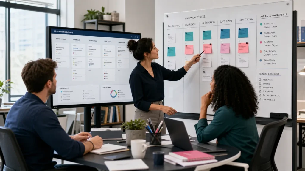 Small SEO agency team reviewing a structured link-building delivery workflow and quality checklist