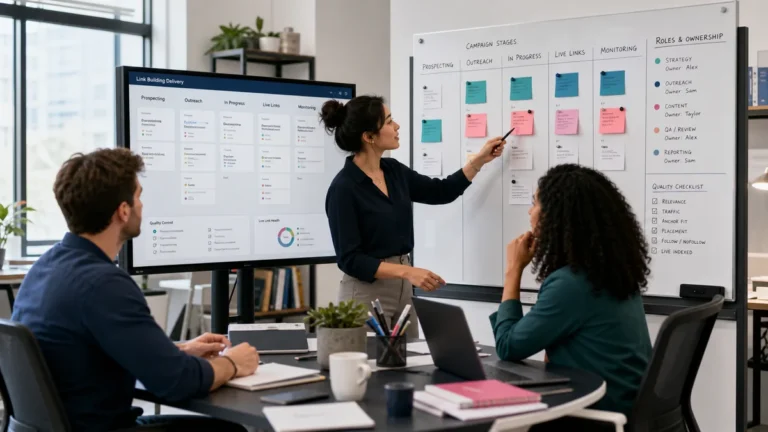 Small SEO agency team reviewing a structured link-building delivery workflow and quality checklist