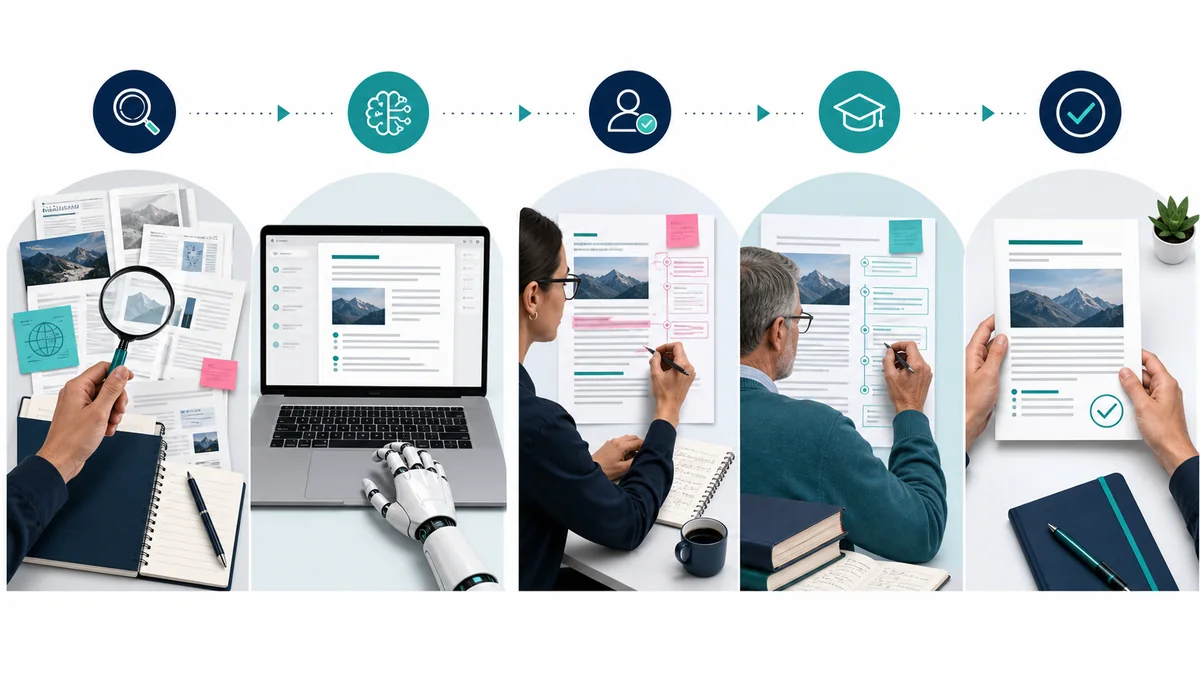 Editorial workflow from research and AI drafting to human editing expert review and approval