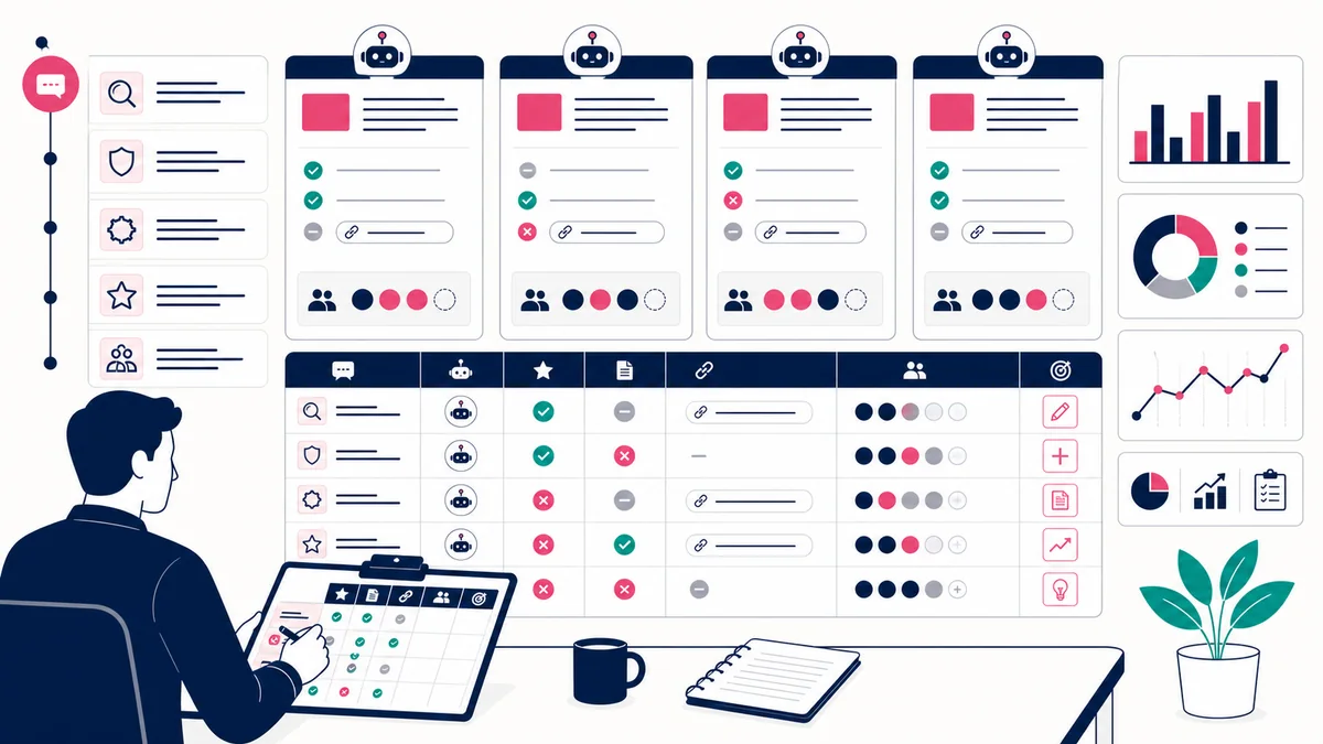 AI citation audit dashboard comparing prompts, answer claims, cited pages, brand mentions, source position, accuracy, and referral outcomes