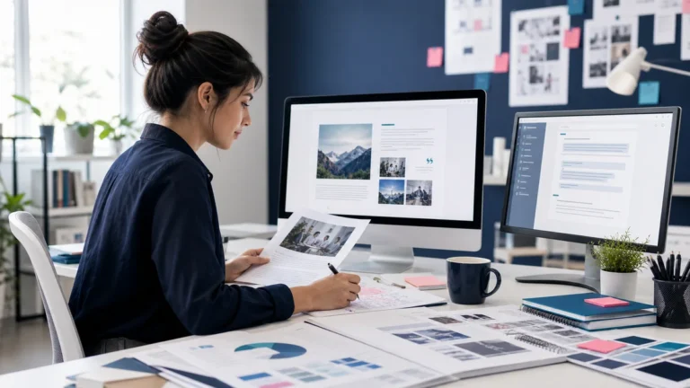Human content strategist reviewing evidence and an AI-assisted draft at an editorial desk