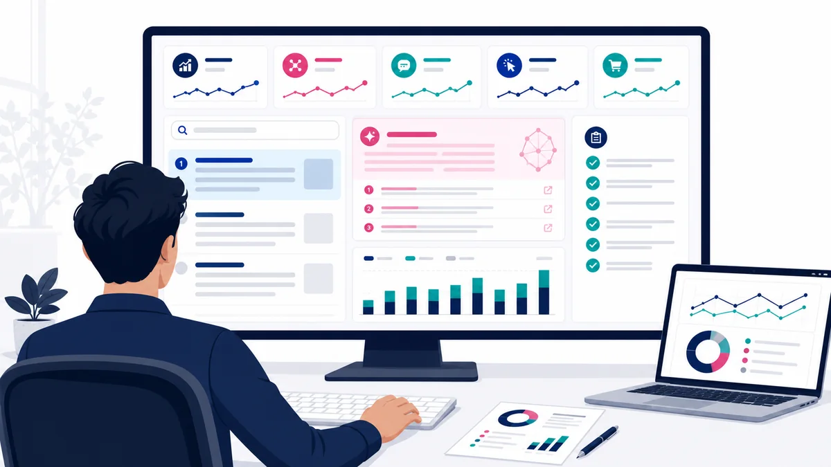 SEO analyst measuring AI Overview citations rankings brand mentions clicks and conversions on a dashboard