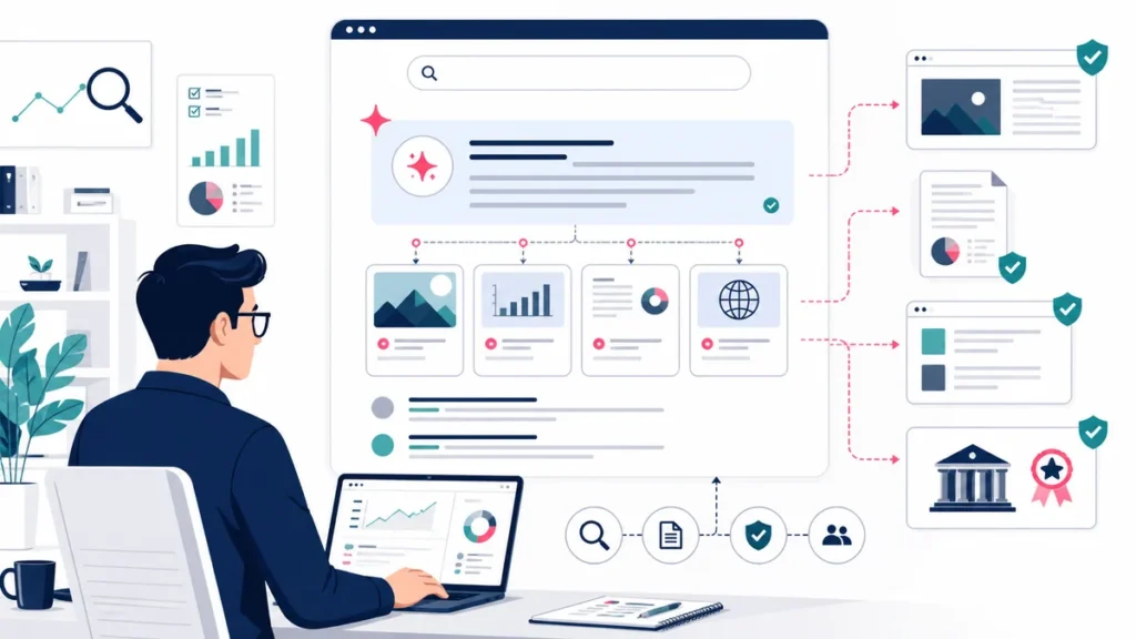 SEO strategist reviewing AI Overview source cards evidence and citation signals in Google search results
