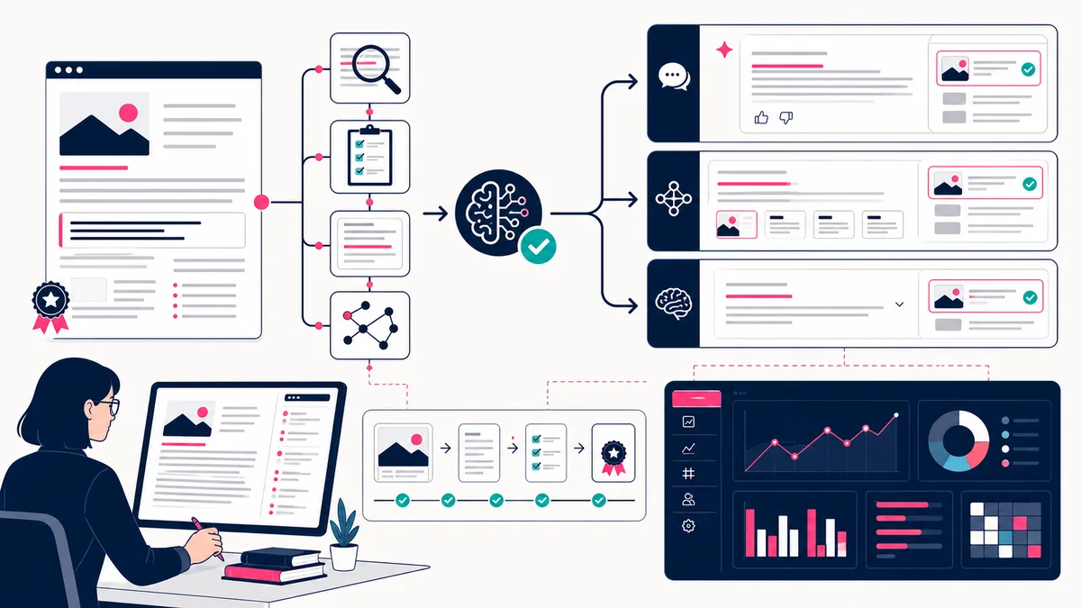 Content strategist tracing an AI answer citation from a user question through retrieval, source review, evidence, and the cited web page