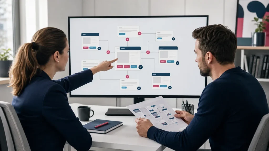 SEO strategists reviewing an anchor text and internal linking plan on a large screen