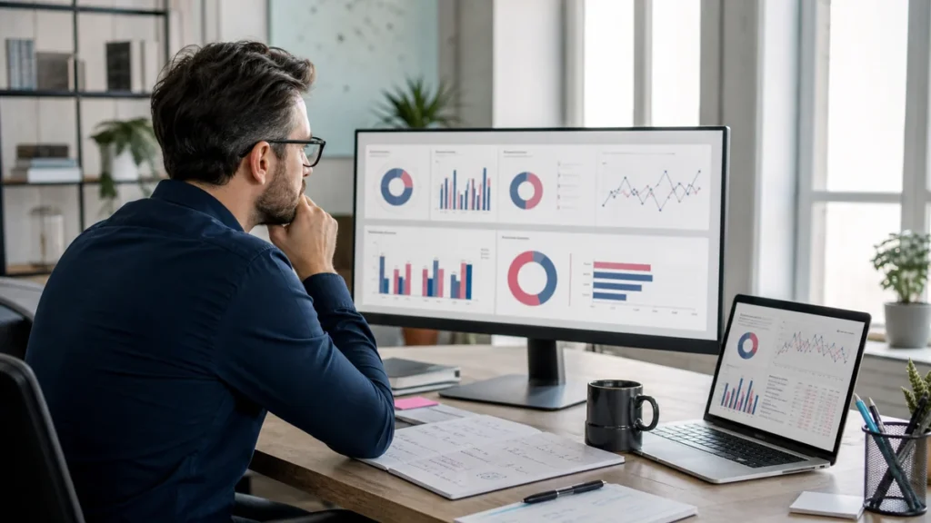SEO strategist reviewing referring domains, anchors, source pages, and backlink trends on desktop screens