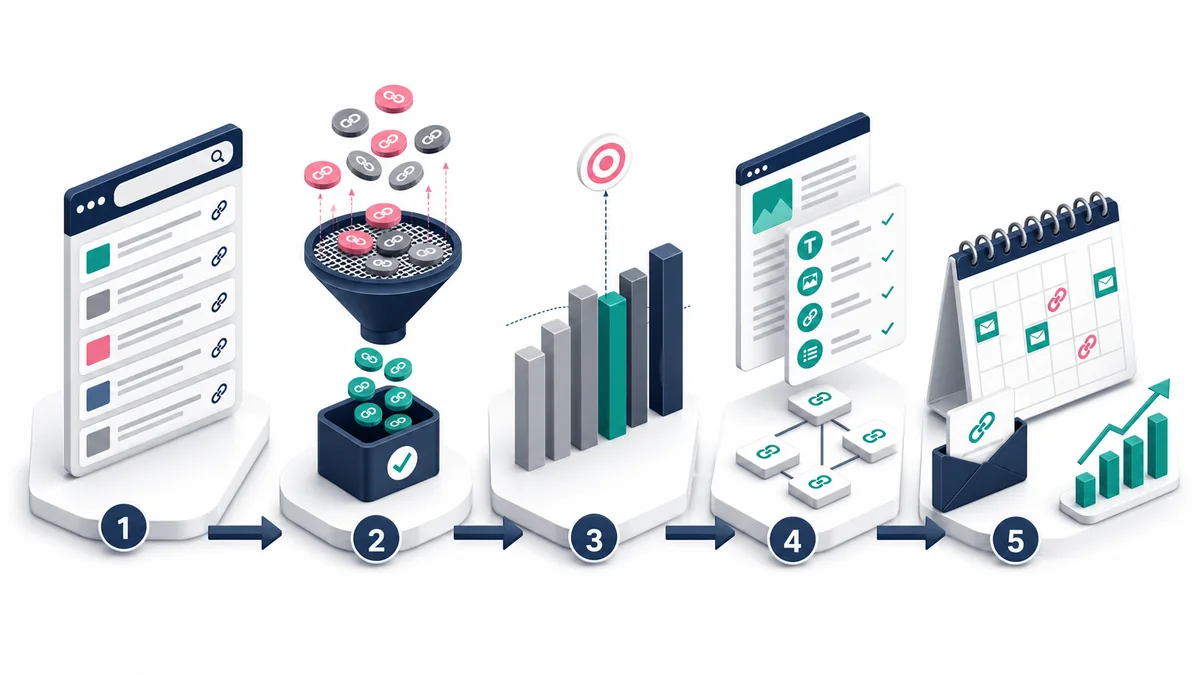 Backlink gap workflow from competitor selection and link exports through source review, classification, asset mapping, and outreach priority