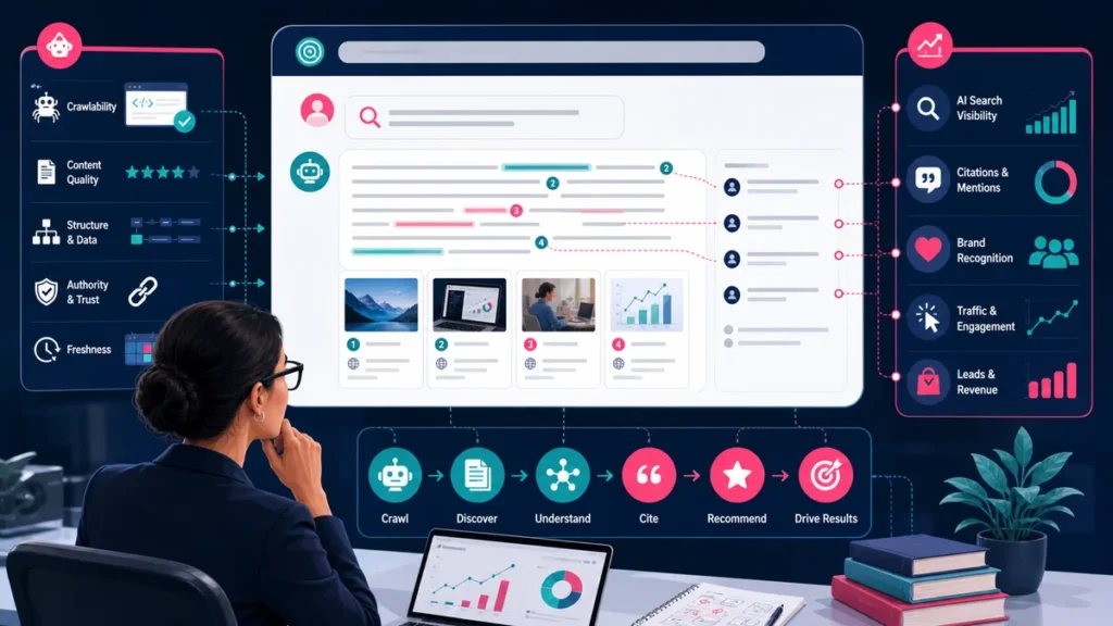 Marketing strategist reviewing ChatGPT search sources citations brand mentions traffic and revenue signals