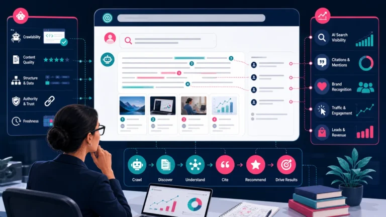 Marketing strategist reviewing ChatGPT search sources citations brand mentions traffic and revenue signals