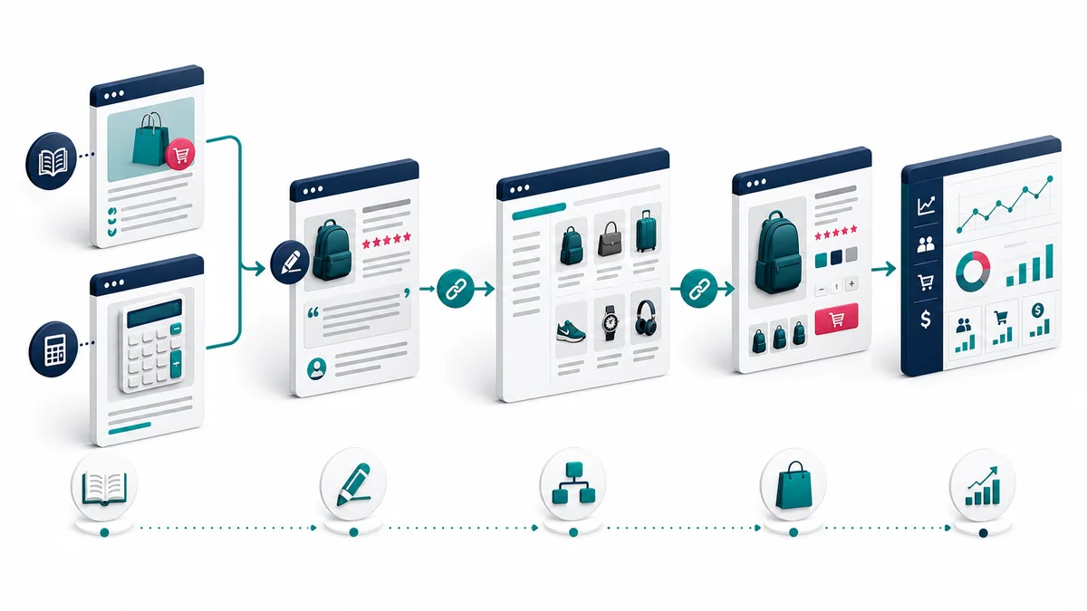 Ecommerce link pathway connecting useful buying resources and editorial mentions to category and product discovery