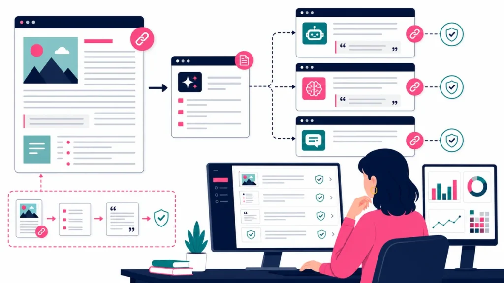 Generative engine optimization workflow showing a web source retrieved and cited in several AI answers