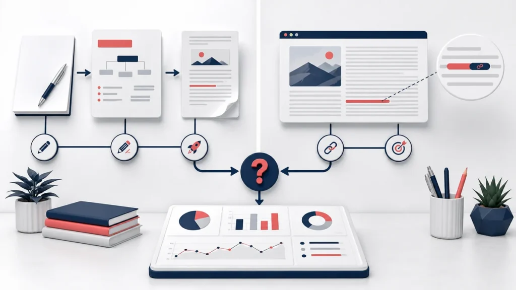 Guest post and link insertion decision paths leading to a shared SEO campaign report