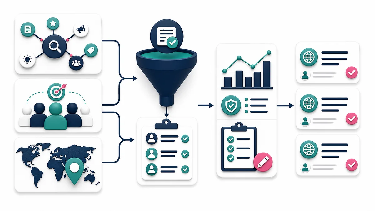 Guest post site qualification funnel using topic, audience, country, traffic, and editorial checks