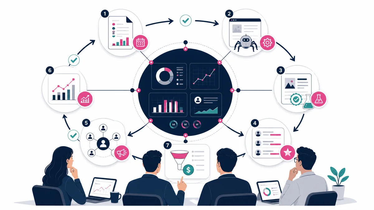 SEO team using an integrated operating model for content technical health evidence authority discovery and measurement