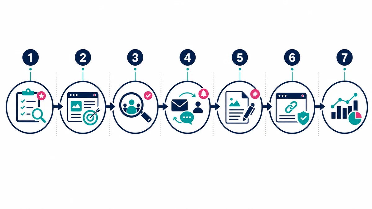 Seven step link building service workflow from campaign audit to placement reporting