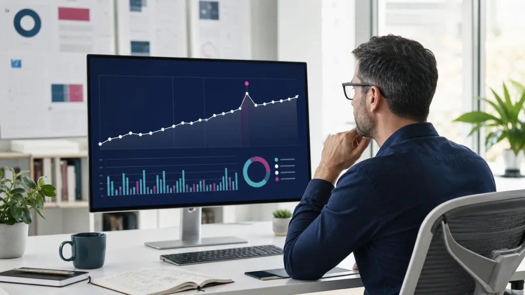SEO strategist reviewing a steady referring-domain growth trend and a campaign-related backlink spike